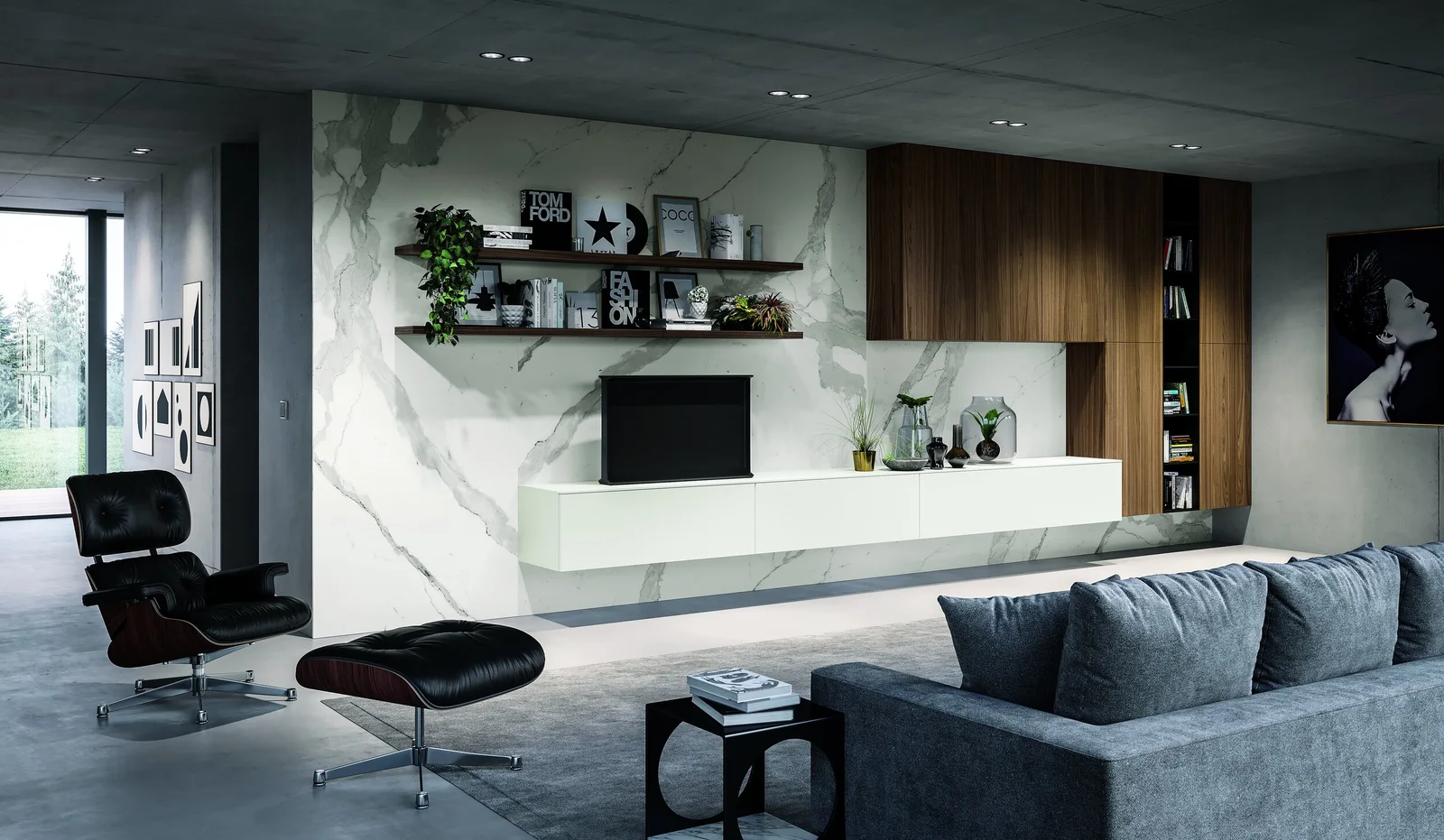 Living room collection with wall-mounted cabinets and timber shelves