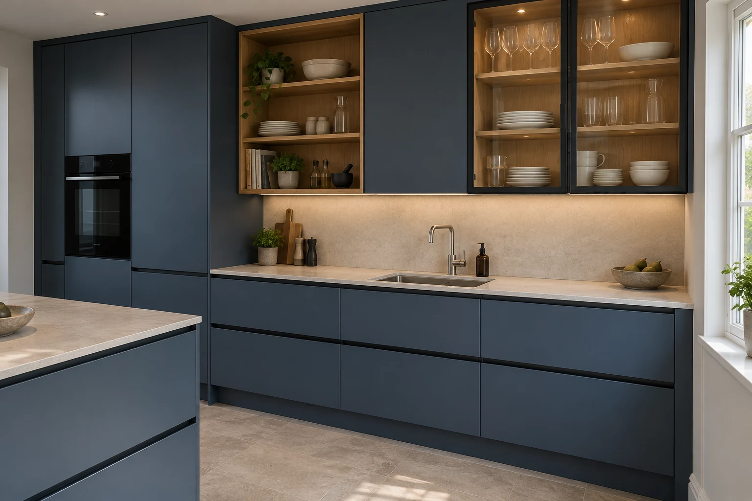 Kitchen design illustration with blue flat-front cabinetry and glazed cupboards