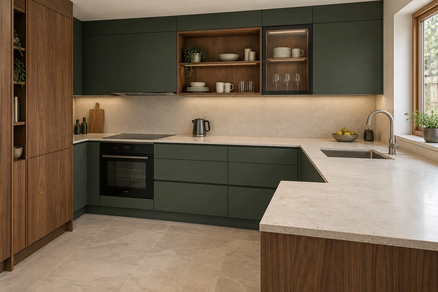 Kitchen design illustration with green and walnut cabinetry, a peninsula, glazed wall storage and an open shelf