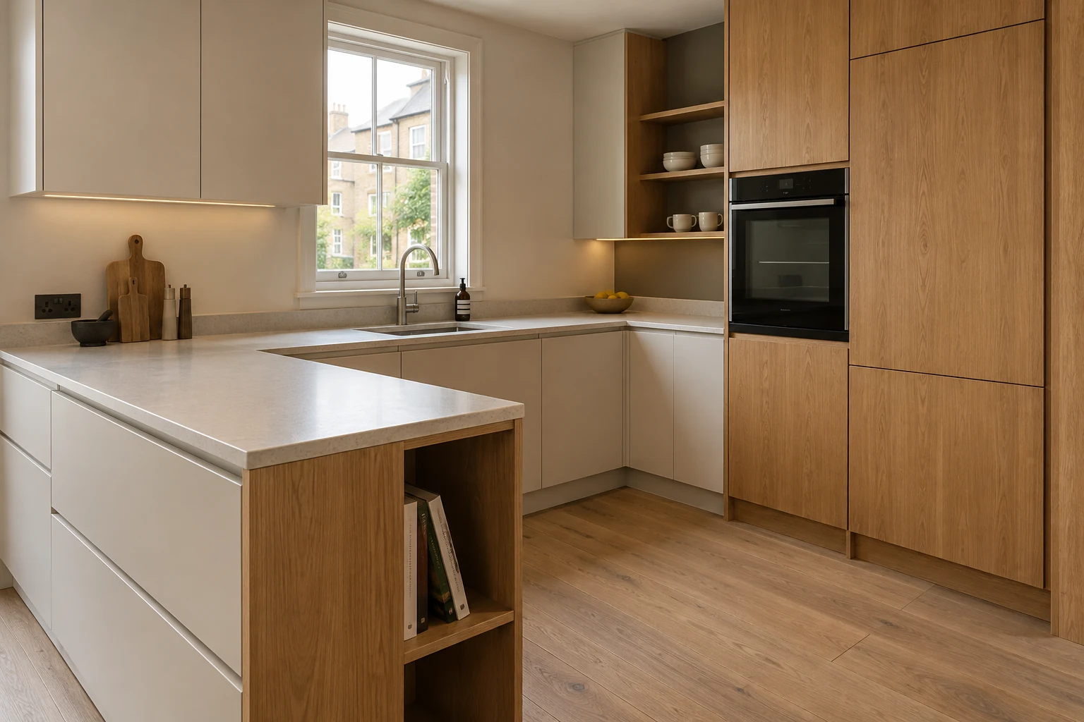 Kitchen design illustration with oak cabinetry, an L-shaped layout, a compact peninsula and open shelves