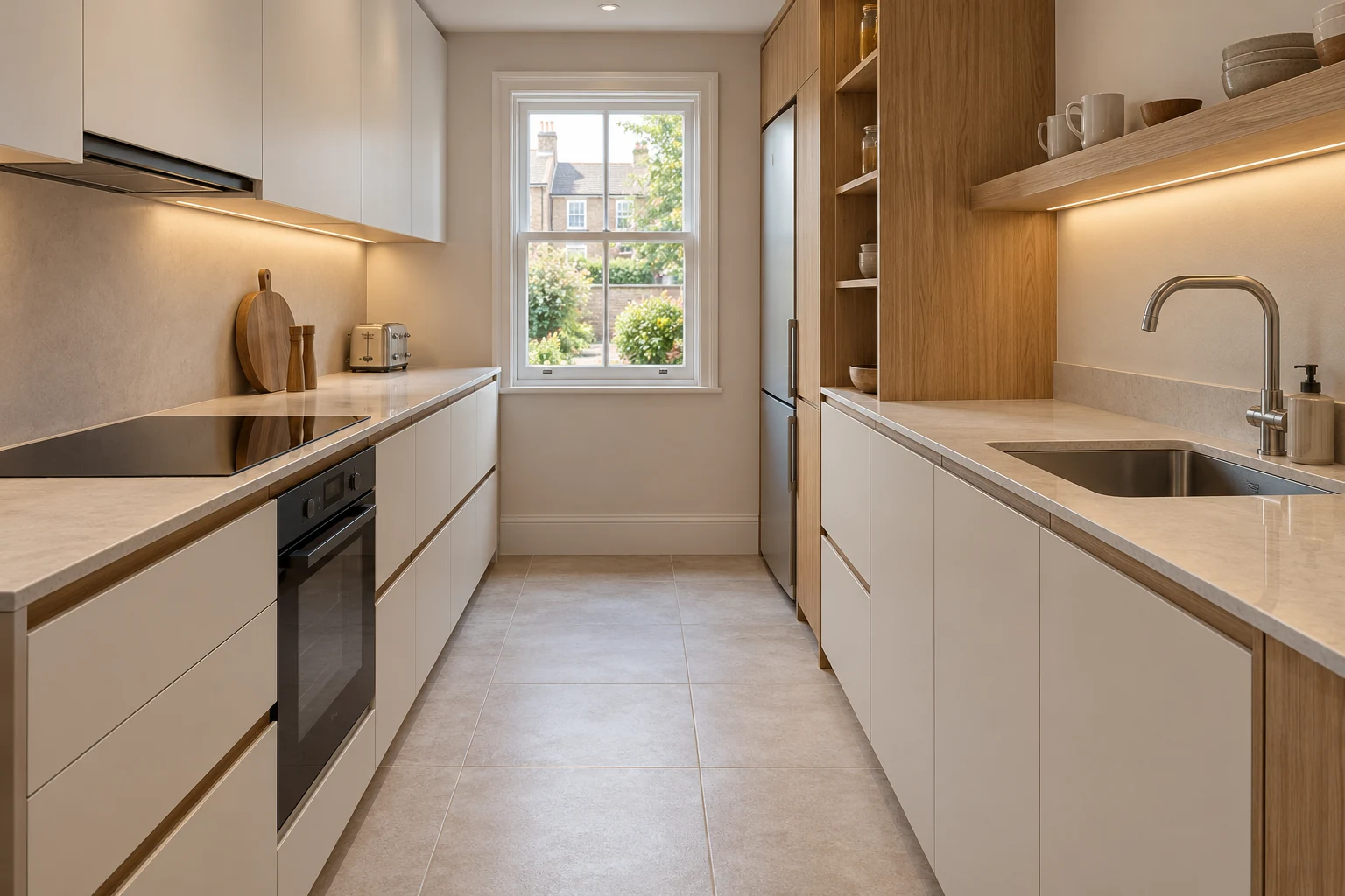 Kitchen design illustration with opposing white cabinet runs, a timber shelf and tall refrigeration