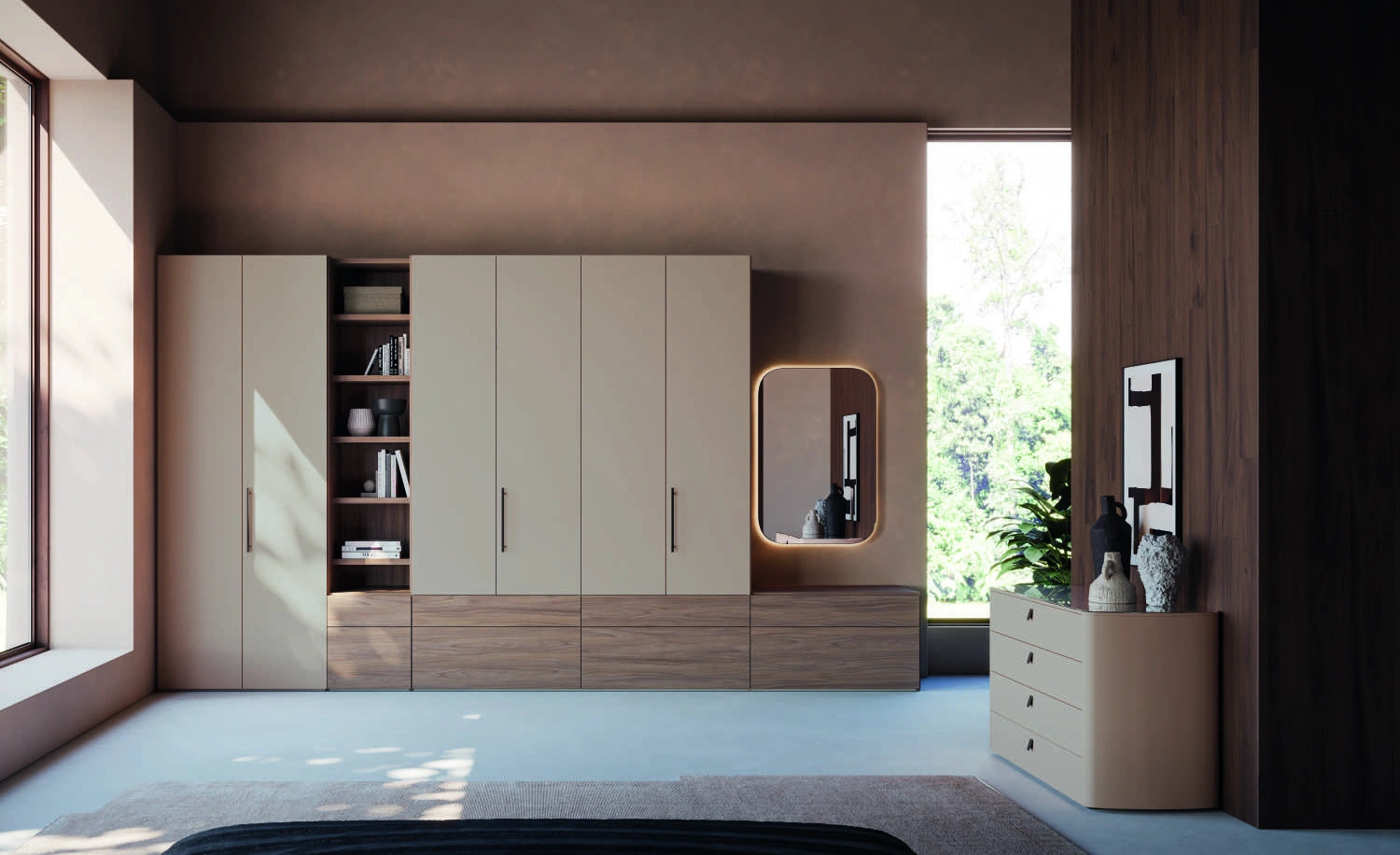 Orme Wardrobe 10: Liscia hinged doors in Ecrù matt lacquer, Noce drawers and open compartments, and burnished L15 handles.